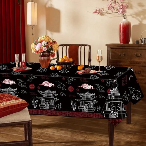 3-Piece 54 × 108 Inch Hibachi Plastic Tablecloth – Black and Red Oriental Disposable Rectangle Table Cover for Chinese New Year, Lunar New Year Party, Asian Festival, and Cultural Celebrations