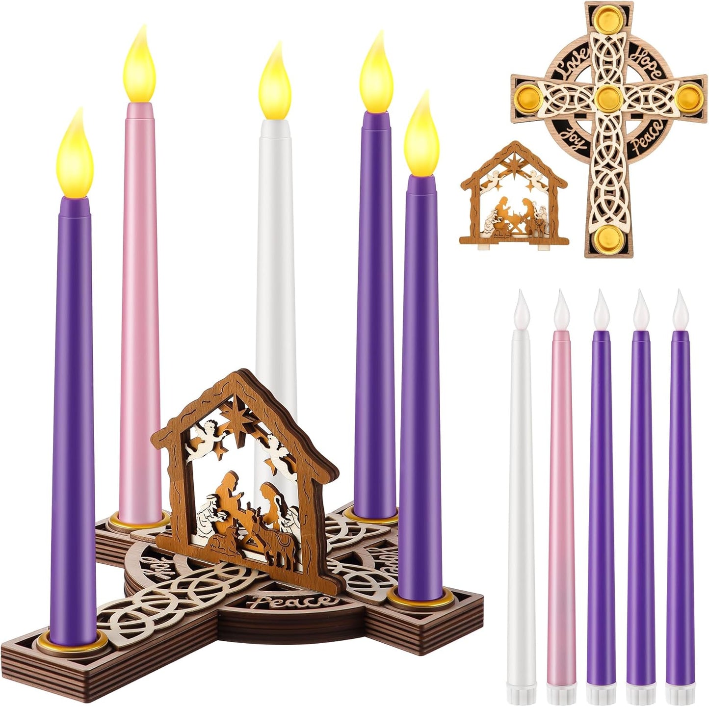 Skiennix Christmas Advent Wreath Candle Holder - 5 Pcs Flameless Candles & Wood Cross Nativity Scene Decor