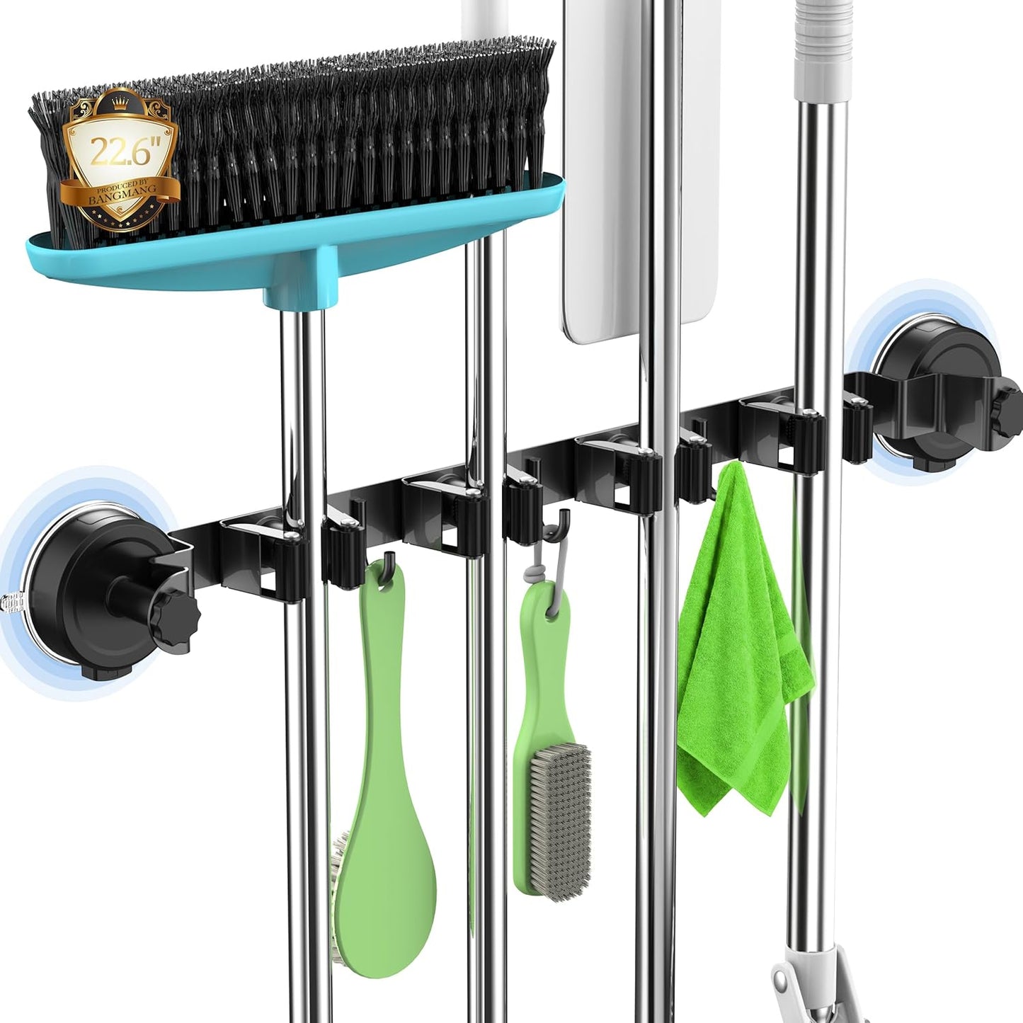 Upgrade Broom Holder Wall Mount by 2026 - Suction Cup Organizer with 4 Racks & 3 Hooks for Home