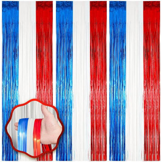 Voircoloria 3 Pack 3.3 x 8.2 ft Red White and Blue Foil Fringe Backdrop Curtains, Tinsel Streamers Party Decorations, Fringe Backdrop for Patriotic, Memorial Day, 4th of July, Independence Day