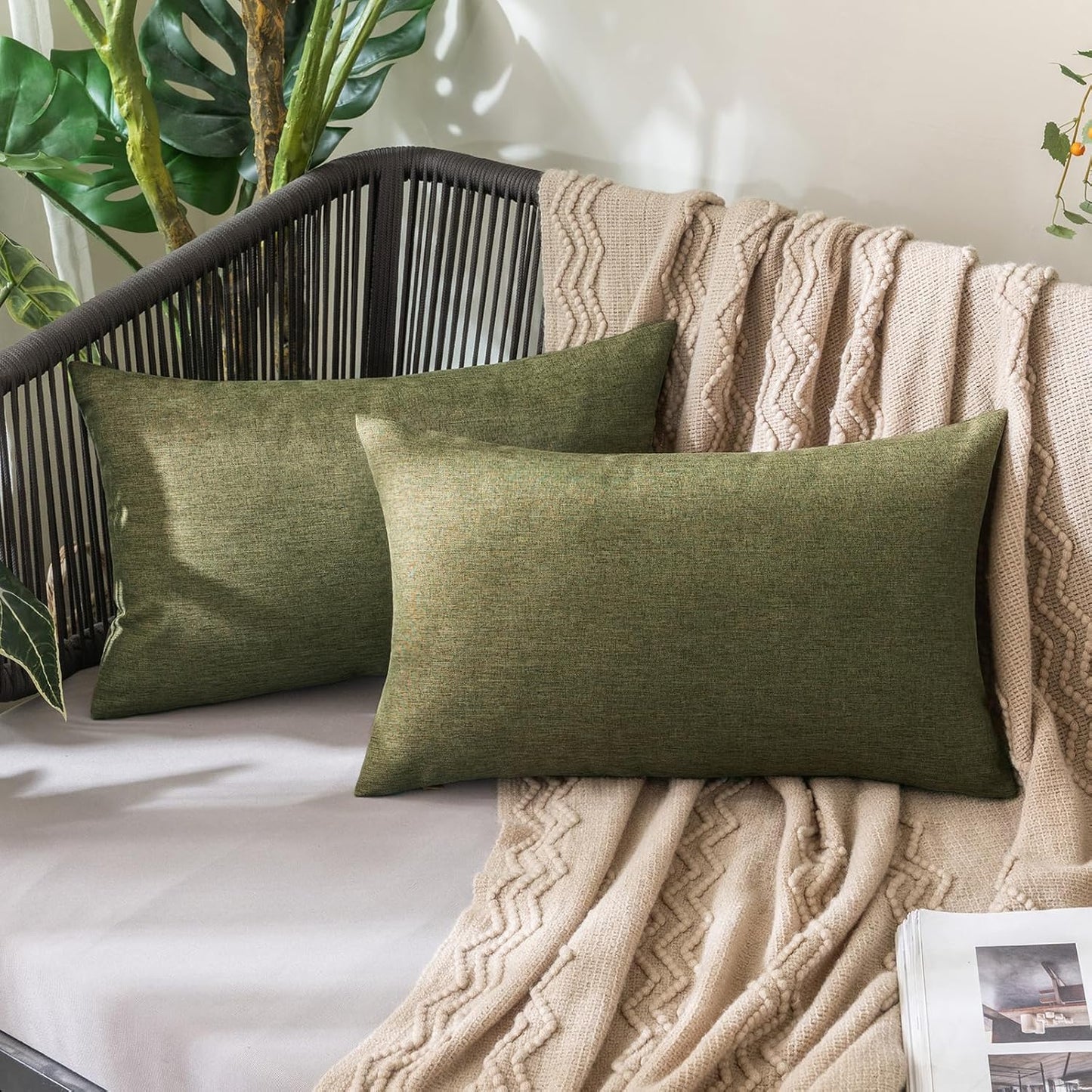 MIULEE Decorative Outdoor Throw Pillow Covers - Waterproof Faux Linen Cushion Cases | Olive Green, 20x12 Inch, Set of 2