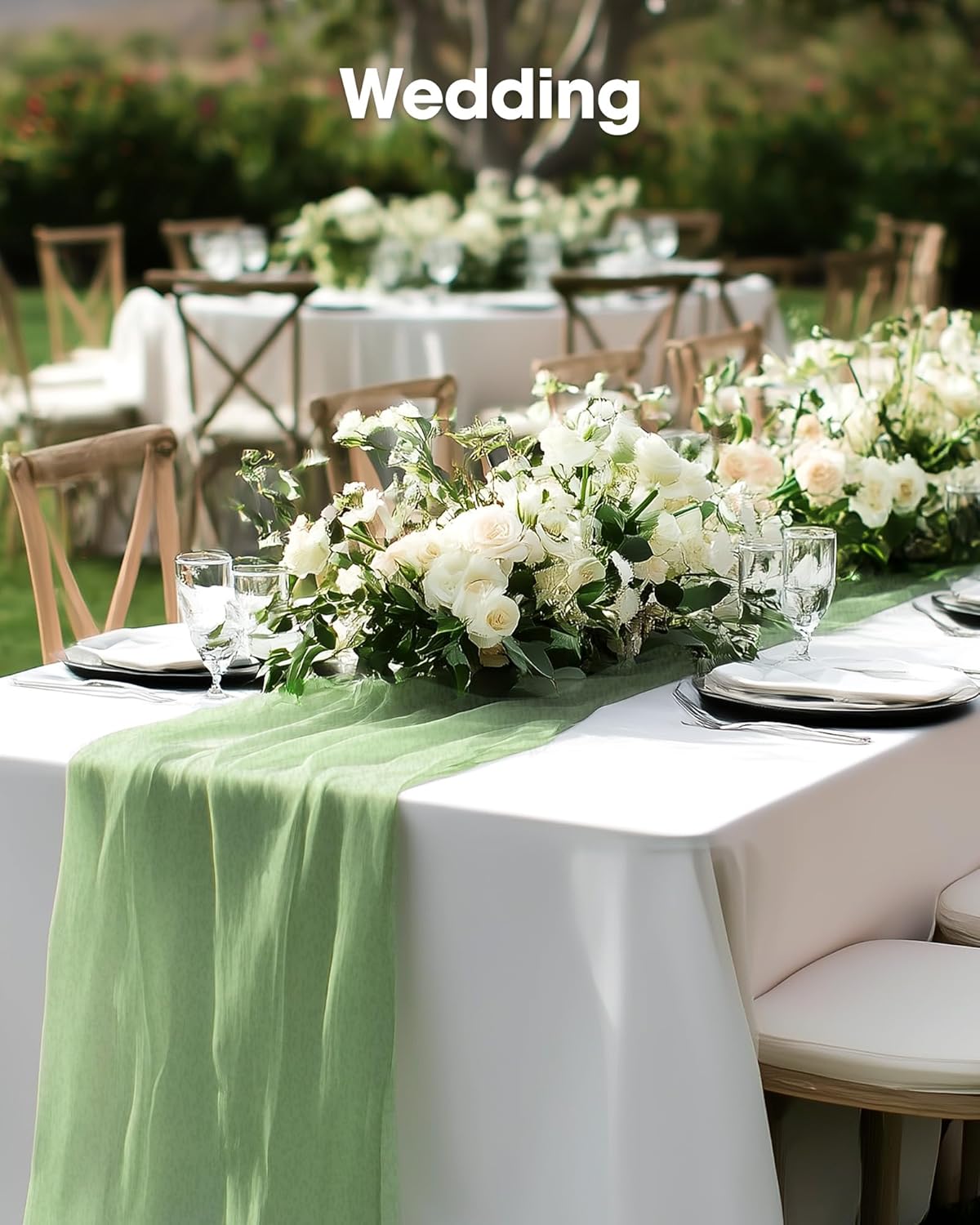 Pureegg Table Cloth Set - 10 Waterproof Disposable Tablecloths (54"x108") & 2 Decorative Cheesecloth Runners (35"x120") | Perfect for Parties, Picnics & Weddings in White & Sage