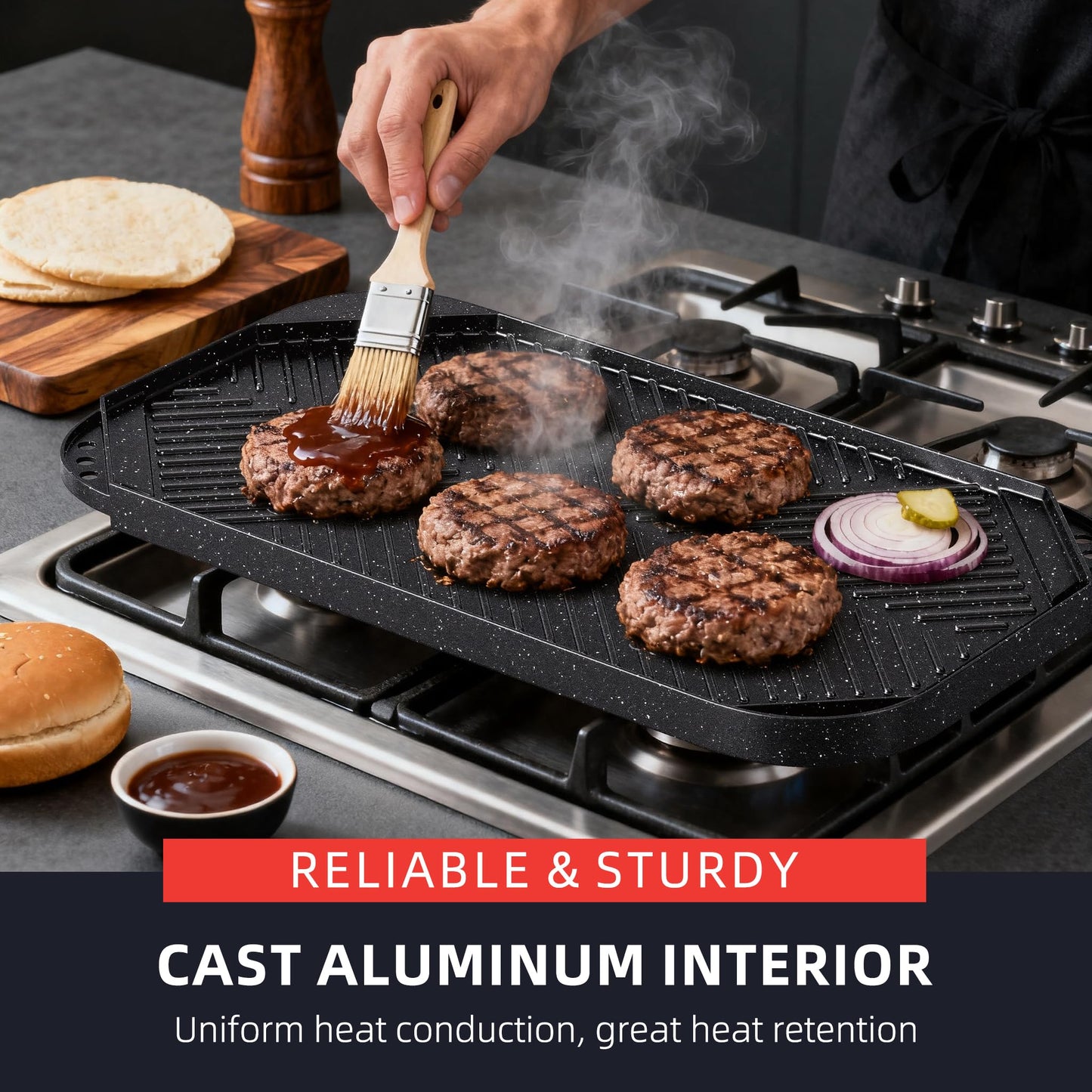Caannasweis Nonstick Griddle Grill Pan, 19.5" x 11" Reversible Griddle Pan for Stove Top, Grill, or Campfire, Two Burner Cast Aluminum Grill, Rectangular Baking Flat and Ribbed Griddle Plate