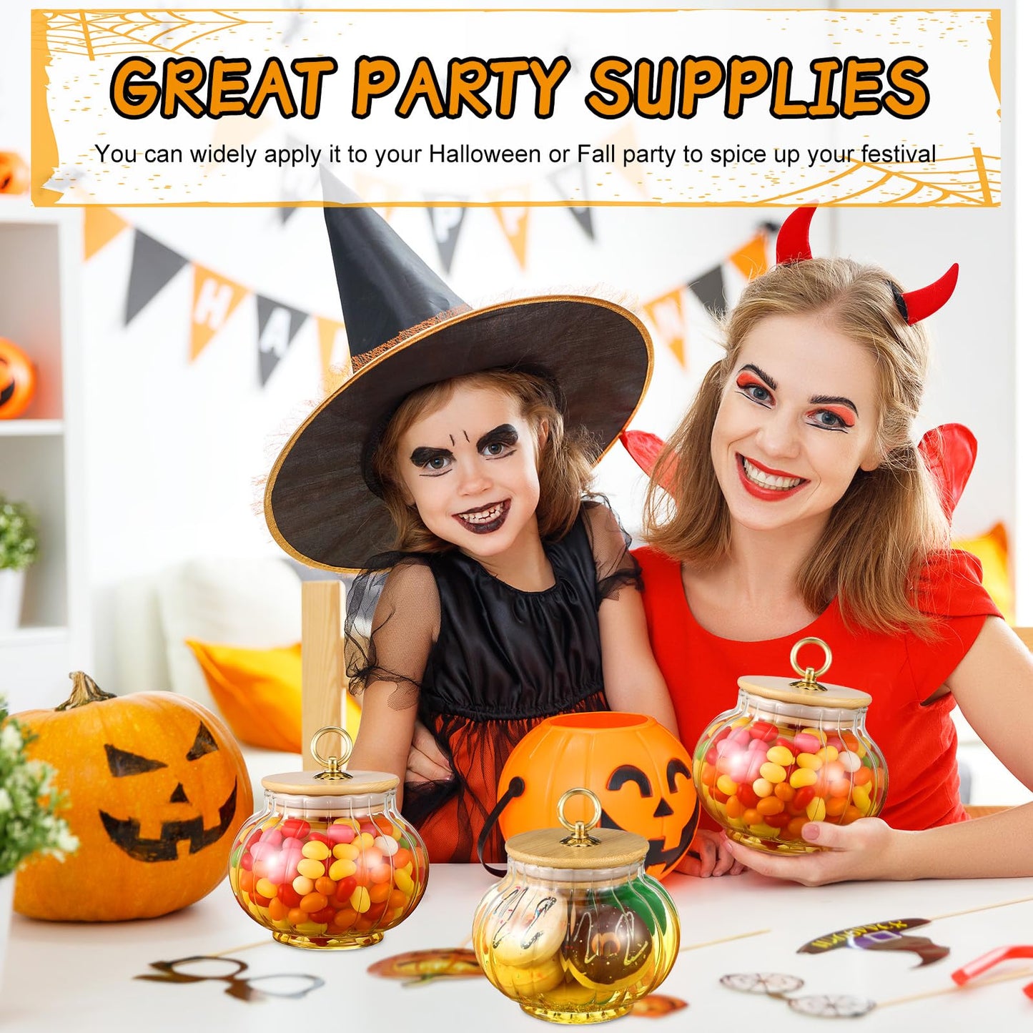 Suclain 2 Pcs Thanksgiving Glass Jars Pumpkin with Bamboo Lids 20 oz Fall Candy Dishes Cookie Bar Crystal Candy Bowl Storage Containers Snack Jars Decorative Glass Canister for Home Decoration