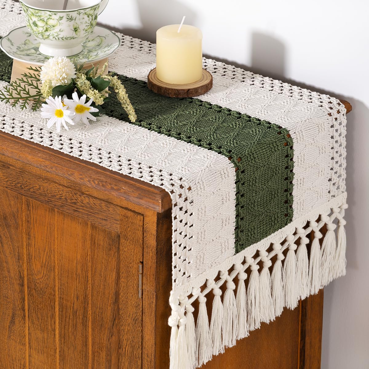 Socomi Boho Table Runner Summer Farmhouse Rustic Dining Kitchen Centerpiece Decor Small Macrame Woven Cotton Linen Coffee Table Runner for Dresser Scarf Home Decor 12x108 inch Olive Green