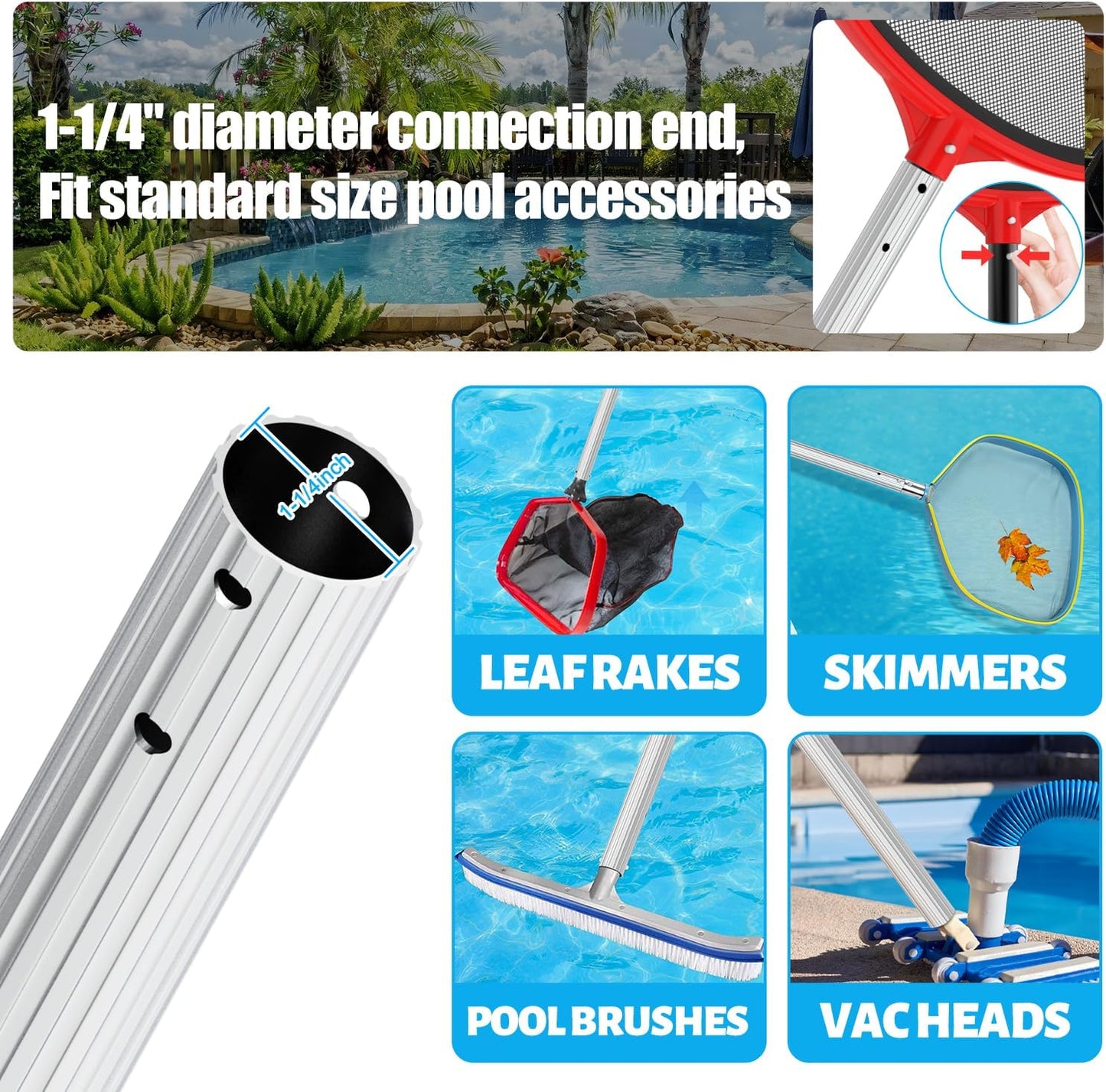 YEECHUN 15-Foot Telescopic Aluminum Swimming Pool Pole - Heavy Duty for Skimmer Nets & Brushes