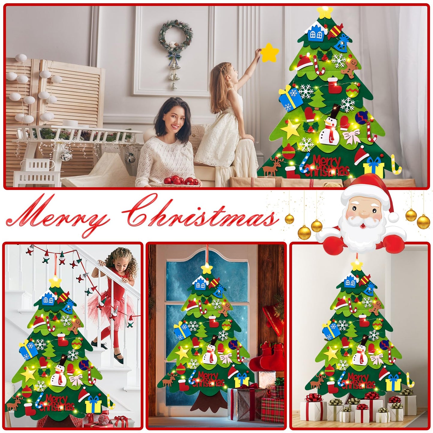 TonJin Felt Christmas Tree Set for Toddlers Kids with 3m/9.8ft Led String Light, 3.2ft/98cm Wall Hanging DIY Christmas Tree with 32 Detachable Ornaments for Xmas Home Decoration