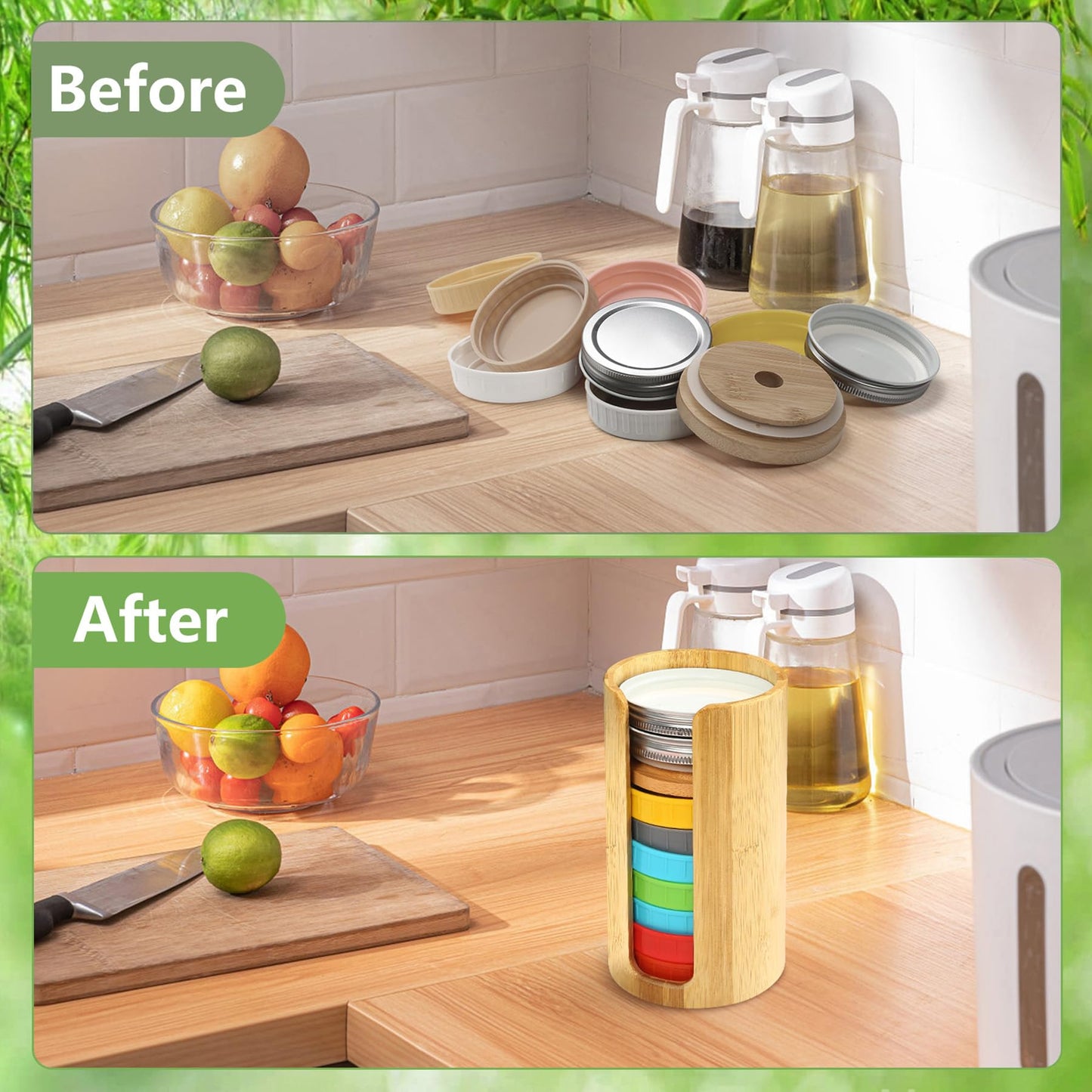 QOOMABA Mason Jar Lid Organizer (2pcs), Mason Jar Lid Storage Made of Bamboo, Suitable for Mason/Canning/Bamboo Lids(WIDE/REGULAR), Fit Perfectly, Stackable Steady