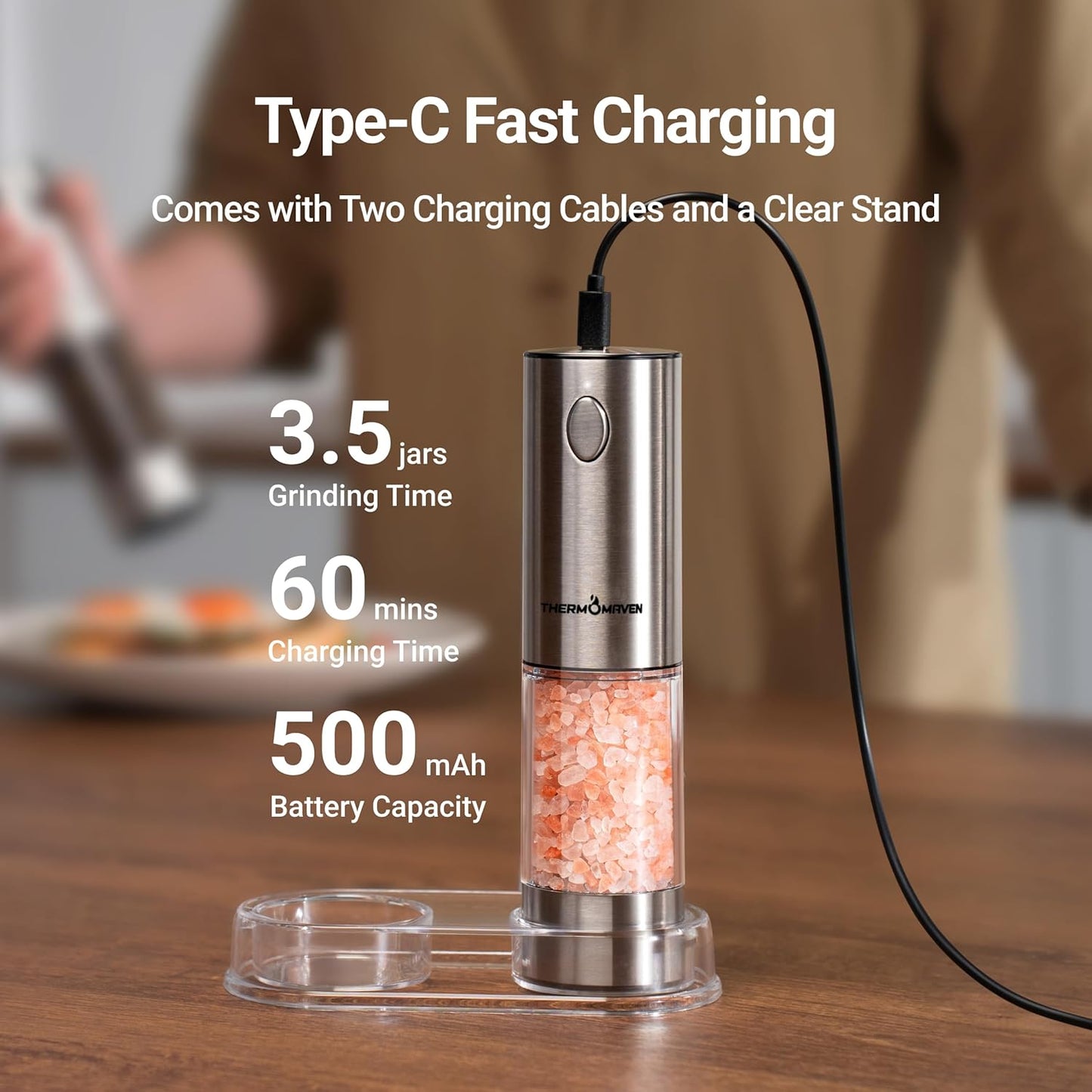 ThermoMaven Electric Salt and Pepper Grinder Set - 110ml Rechargeable Shakers with LED Light & 6 Coarseness Settings