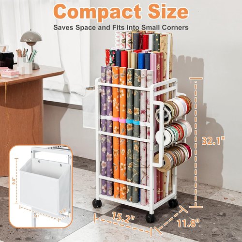 Aquzee Gift Wrapping Paper Organizer - Vertical Storage Cart with Adjustable Rod & Ribbon Holders - White