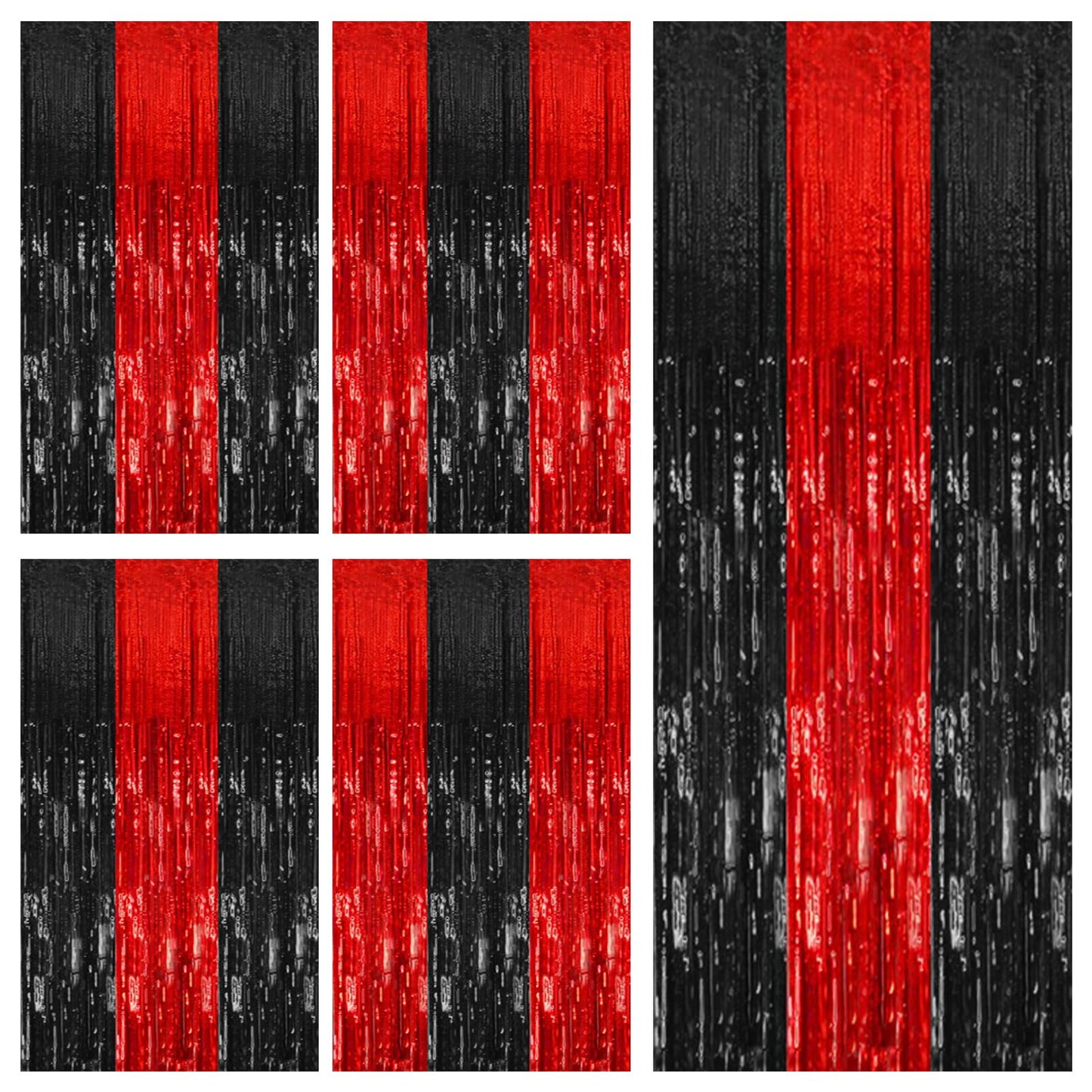 5 Pack Black and Red Party Backdrop Streamers Decorations Foil Fringe Curtains Metallic Tinsel Backdrop for Birthday Halloween Christmas New Year Fancy Ball Graduation Party Decor
