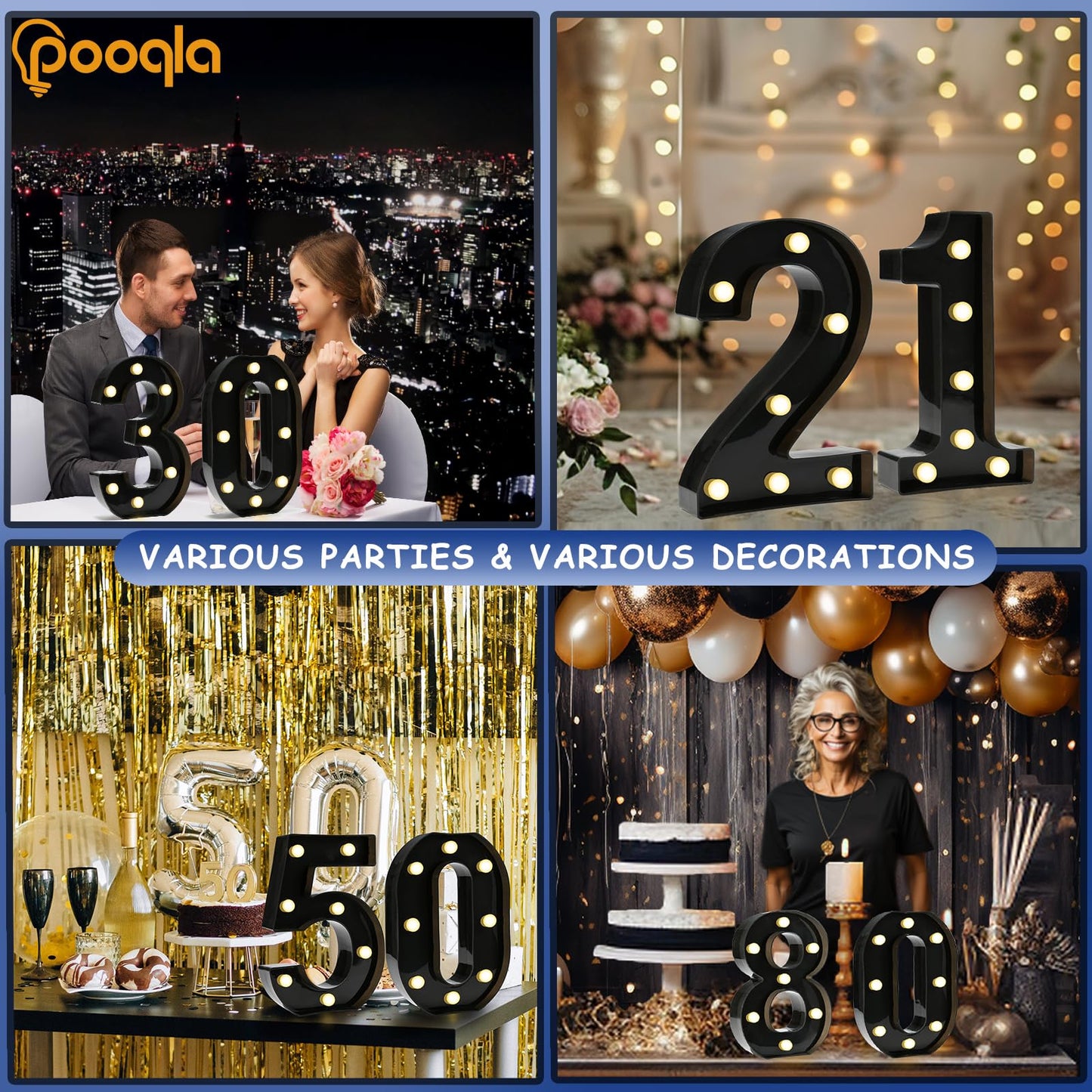 Pooqla Decorative Led Light Up Number Letters, Black Plastic Marquee Number Lights Sign for 40th Birthday Party Wedding Decor Battery Operated Black Number 40