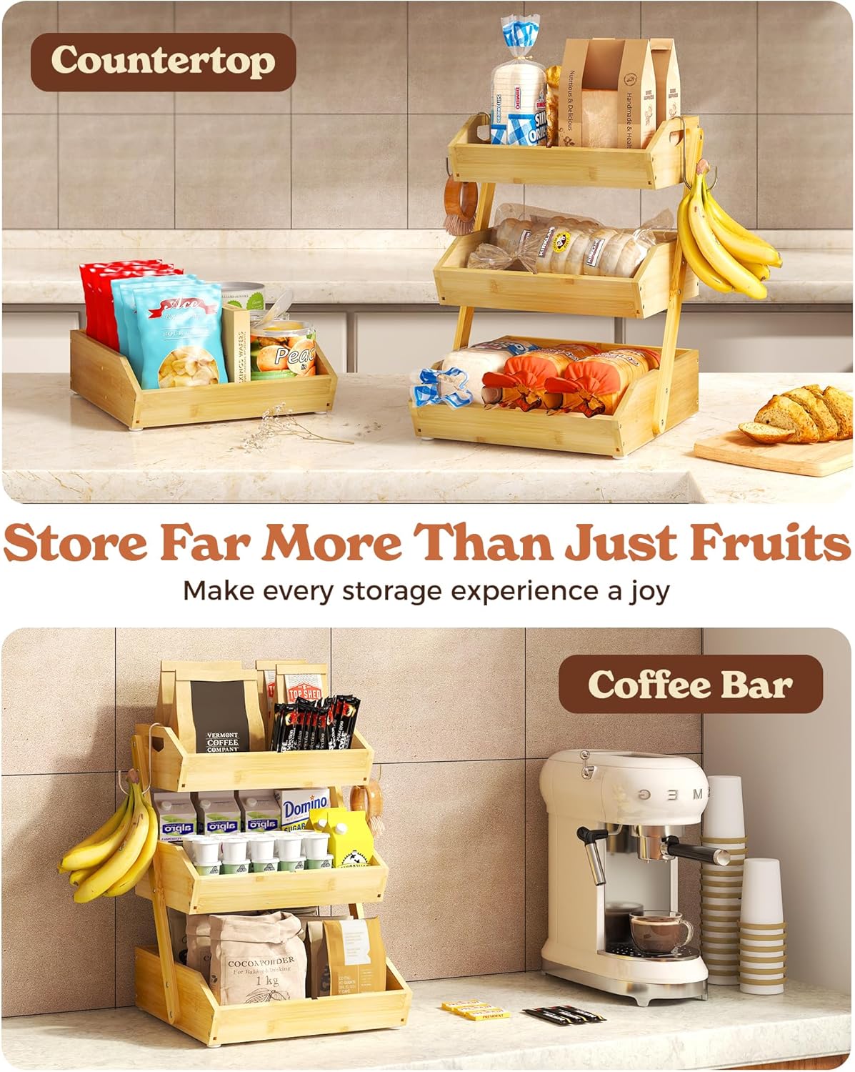 Sevenblue 3-Tier Bamboo Fruit Basket - Large Kitchen Counter Organizer with Banana Holders & Mats