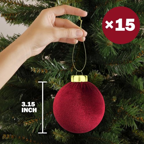 Dark Red Velvet Balls Ornaments for Christmas Tree 15 PCS, 3.15 Inch Large Shatterproof Earth Tones Christmas Bulb Ornaments Set-Decorative Hanging Baubles, Flocked Classic Decor for Holiday(Burgundy)