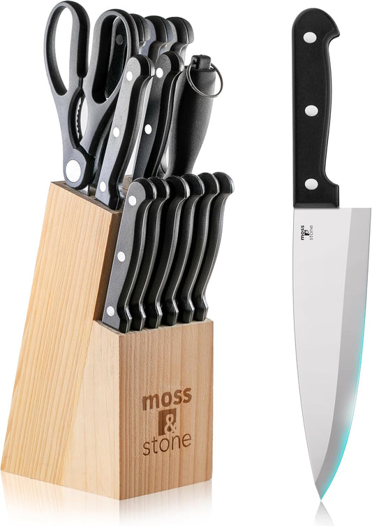 Moss & Stone 14-Piece Knife Block Set - Premium Forged Stainless Steel Kitchen Knives with Ergonomic Handles & Rust Resistance | Modern Black Design