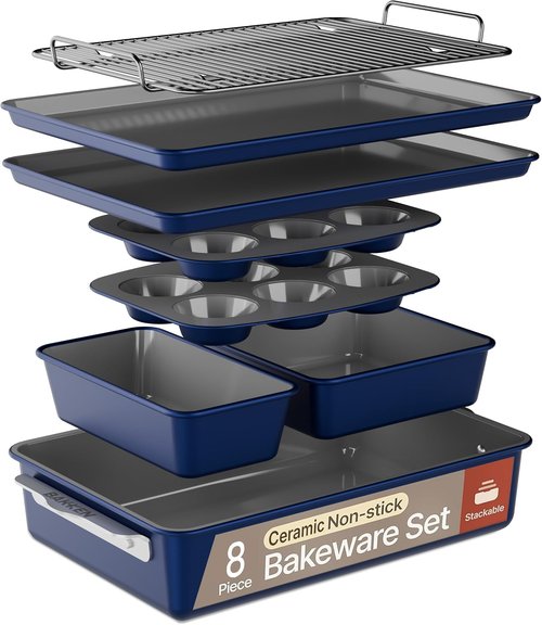 Bakken Bakeware Set - 8-Piece Nonstick Ceramic Coated Pans | Oven Safe Up to 500°F, Blue