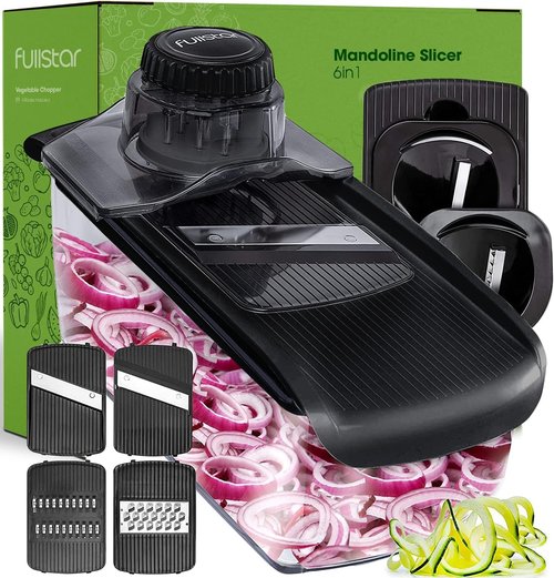 Fullstar Mandoline Slicer - 6-in-1 Kitchen Tool with Safety Glove | Versatile Fruit, Veggie & Cheese Cutter (Black)