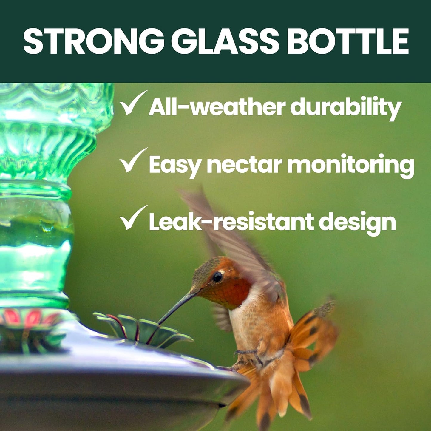 Perky-Pet Hummingbird Feeder - Durable Glass Bottle with 10 Fl Oz Nectar Capacity | Antique Green Design for Outdoor Garden Decor