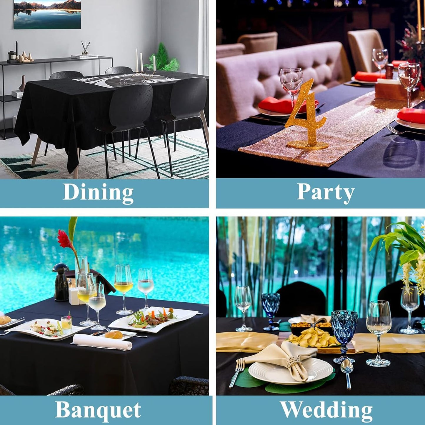 ZuGeo Polyester Rectangle Table Cloth,Table Cloths for 6 Foot Rectangle Tables,Washable Decorative Fabric Table Covers for Wedding Party,Banquet and Camping (Black, 12Pack-60×102")
