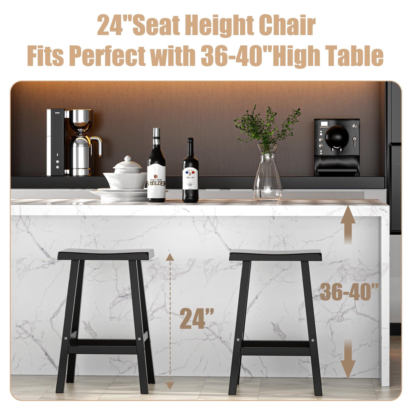 PatioZen Bar Stools Set of 2, Waterproof UV-Resistant,Durable Resin Kitchen Island Chairs for Indoor & Outdoor Use, Modern Design for Home,Bar,and Cafe (24'' Black-2)