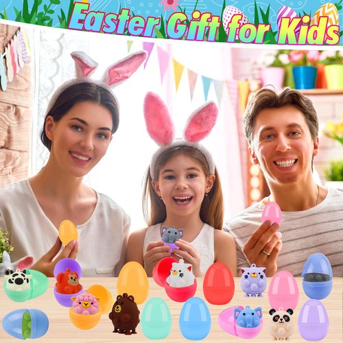 24 Pack Prefilled Easter Eggs with Animal Pop Toys, Filled Easter Eggs for Egg Hunt, Easter Basket Stuffers for Kids,Easter Party Favors Prizes, Prefilled Easter Egg with Toys
