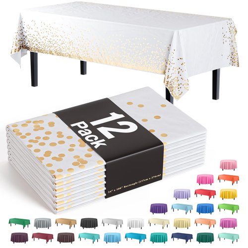 Exquisite 12-Pack Premium Plastic Tablecloth Black & Gold Dot Rectangular Plastic Tablecloth - 54x108 Inch, Pack of 12