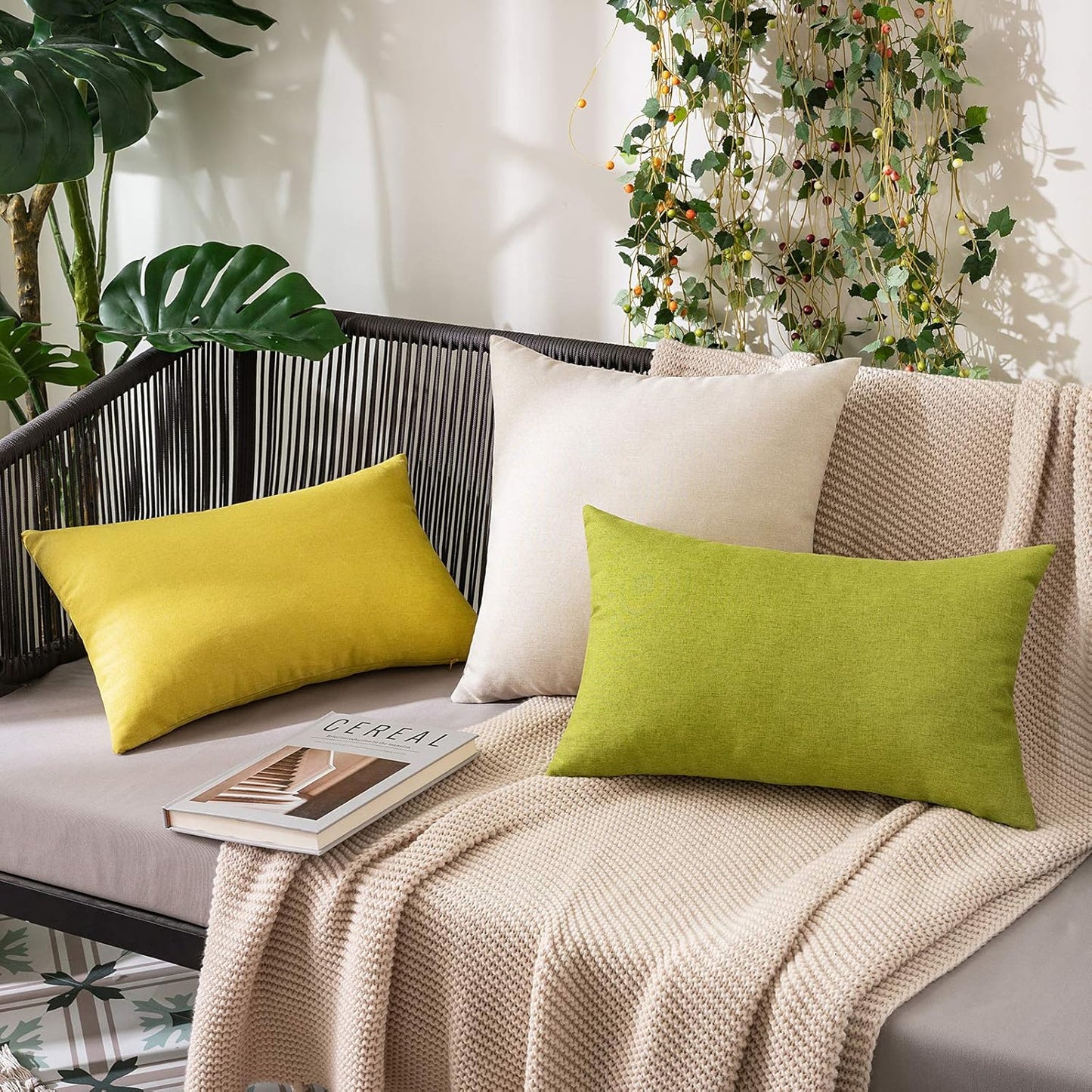 MIULEE Decorative Outdoor Throw Pillow Covers - Waterproof Faux Linen Cushion Cases | 26x26 Inch Beige (Pack of 2)