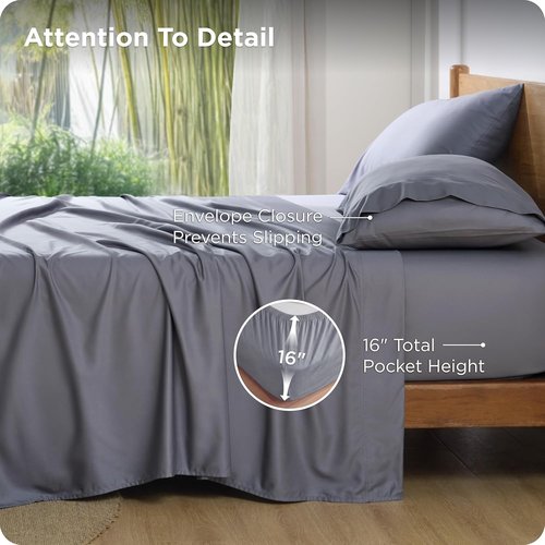 Bedsure Queen Sheet Set - Cooling Bamboo Sheets | Breathable & Soft | Deep Pocket Up to 16" | Dark Grey