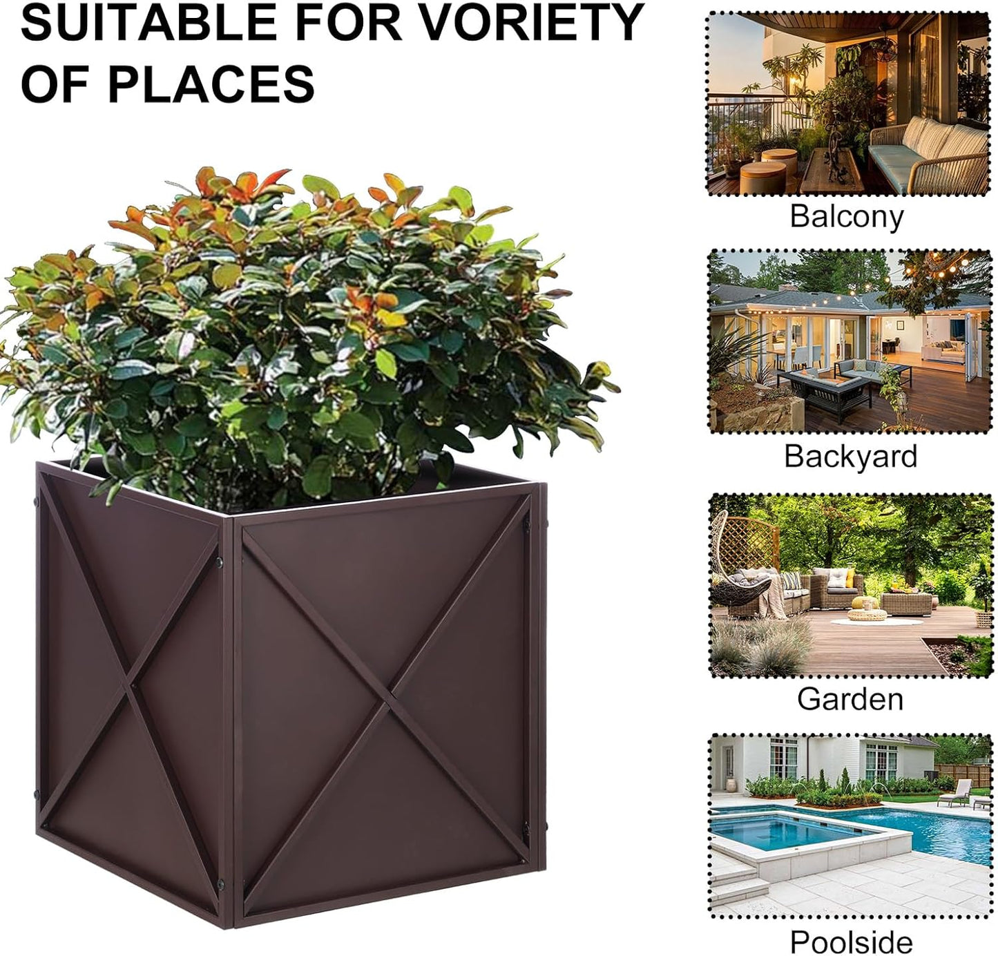 SUNNYPARK Large Metal Planter Box - 17”x 17”x 18” | Durable Brown Square Planter with Drainage Holes for Outdoor Use