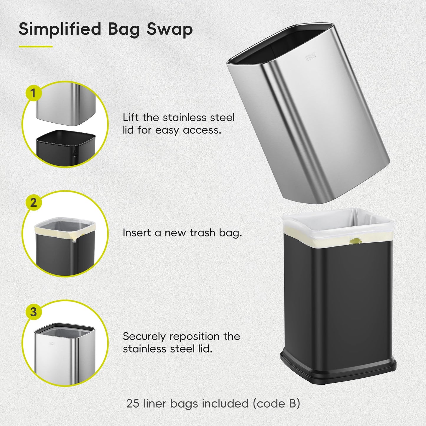 EKO 2-Pack Open Top Trash Can with Removable Inner Basket, Square Small Garbage Can, 1.8 + 3.2 Gallon Wastebasket Combo for Kitchen, Bathroom, Office, Home (Stainless Steel)