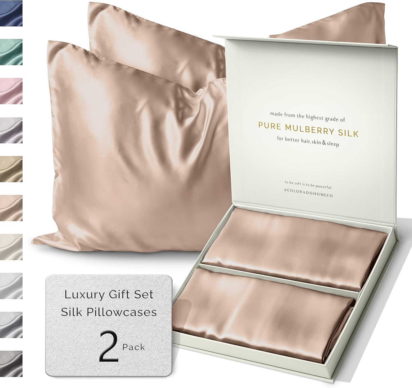SUNDAYSILKS™ Silk Pillowcases 2 Pack - 22 Momme 100% Pure Mulberry Silk | Zippered Standard, Queen, King Size [Nude Champagne]