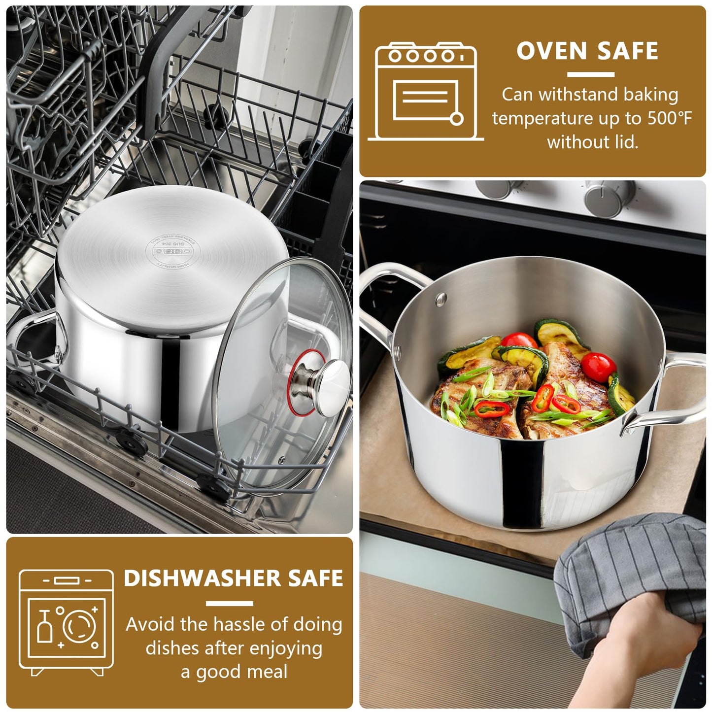 P&P CHEF 8 Quart Tri-Ply Stainless Steel Stock Pot, 8 Qt Stockpot Pasta Cooking Pot with Visible Lid for Soup Vegetable, Induction Cookware for All Stoves, Sturdy & Double Handle, Dishwasher Safe