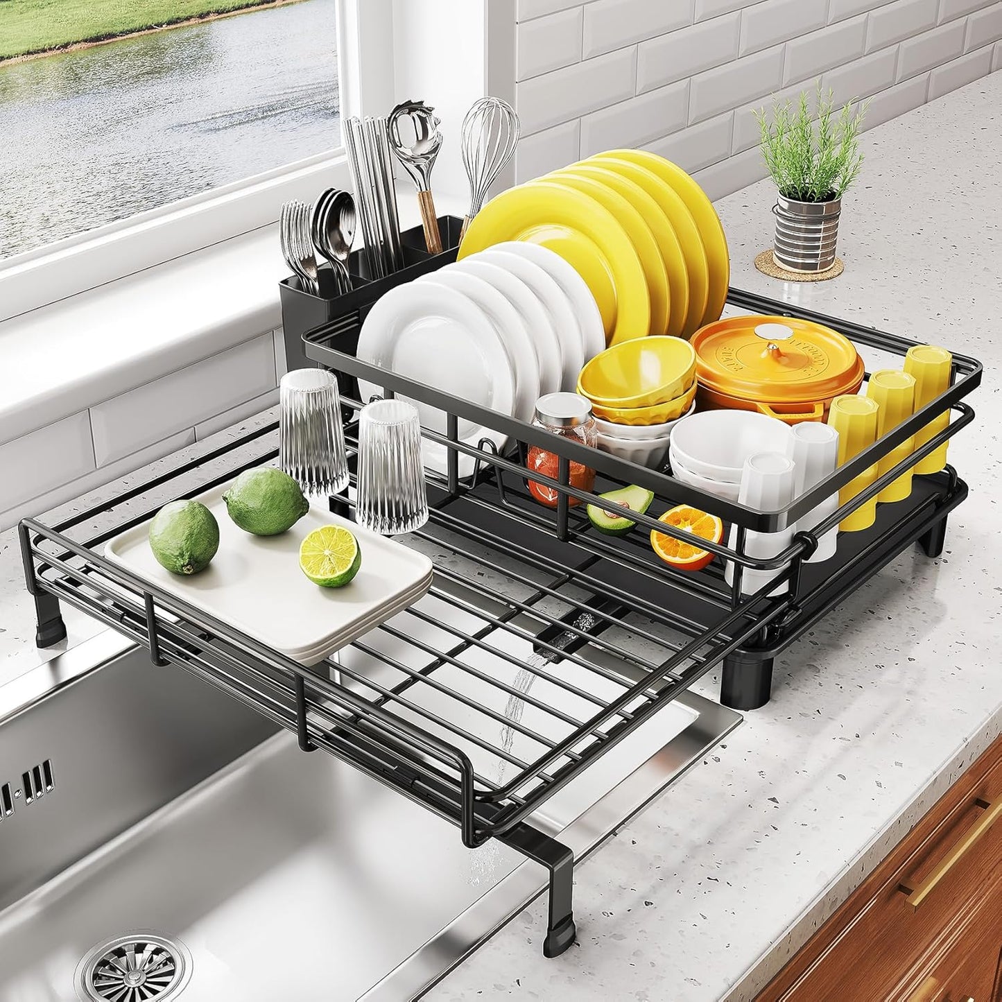 SNTD Dish Drying Rack - Extendable Stainless Steel Dish Drainer with Utensil Holder | Black