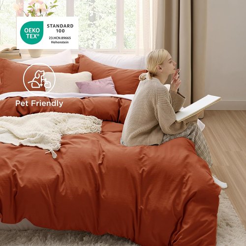 Bedsure Terracotta Duvet Cover Set - King Size 3-Piece Extra Soft Prewashed Cotton Bedding | 104x90 Inches with Zipper Closure