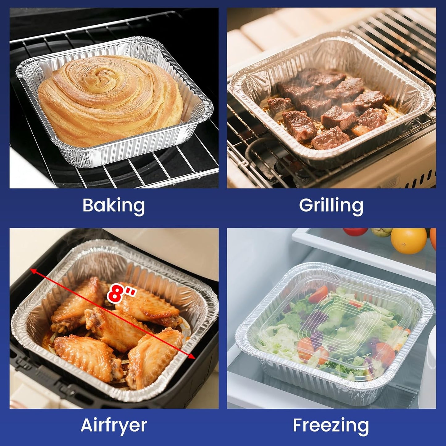 Skiennix 8x8 Aluminum Foil Pans - 40 Pack Disposable Baking Cake Containers with Clear Lids