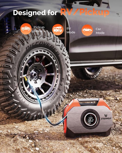 ETENWOLF VORTEX S6 Tire Inflator - Portable Air Compressor for Heavy-Duty Vehicles | 19200 mAh Battery, Dual Cylinder, Vivid Orange