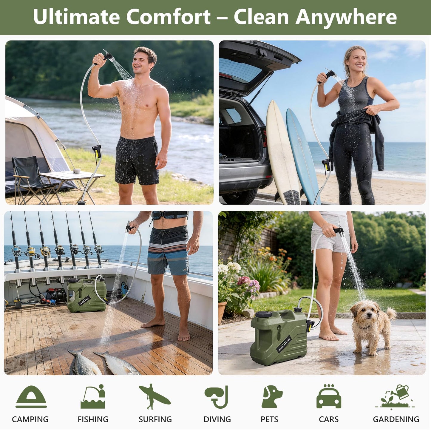 SPACEREST Portable Shower for Camping with Integrated Design – Spill-Resistant, Electric Camping Shower, 5-Gallon Food-Grade Water Jug for Outdoor, Beach, Hiking, Dog Wash, 2 Batteries