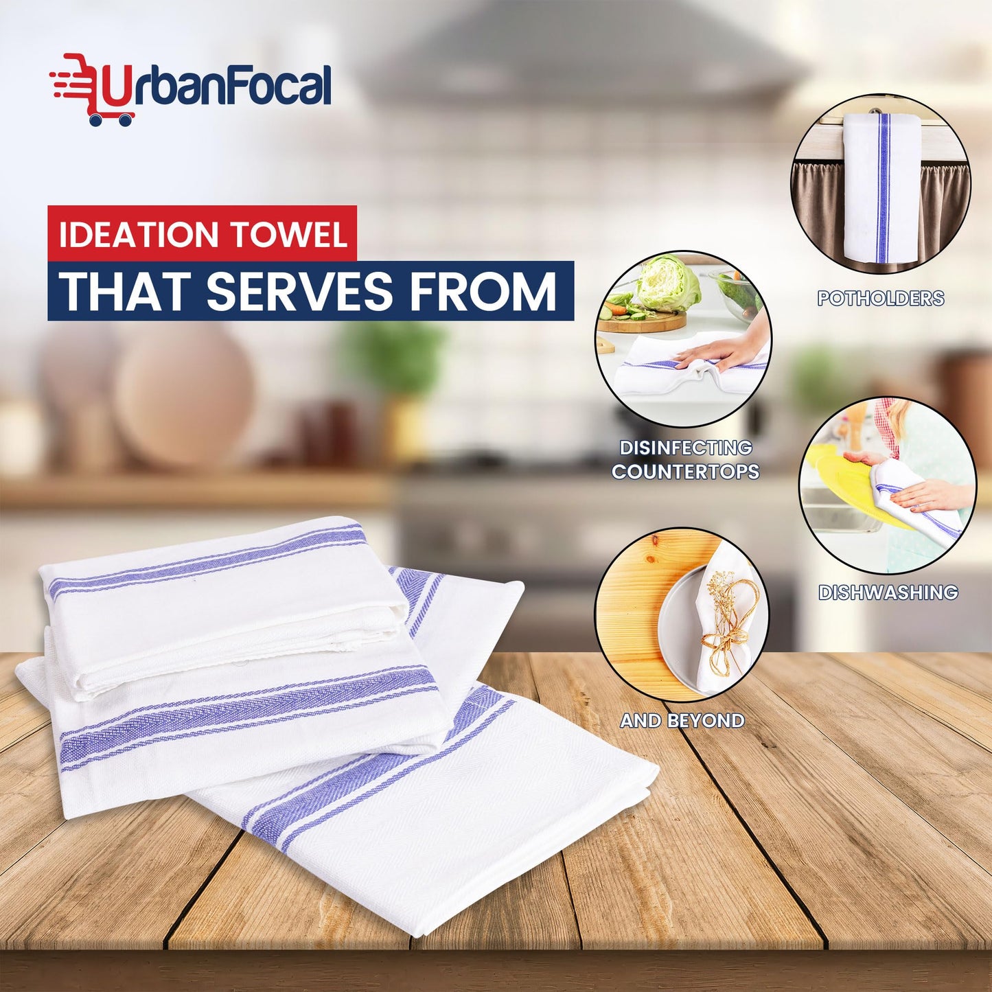 UrbanFocal Washable Kitchen Dish Towels - 100% Cotton Super Absorbent 12 Pack Reusable Cleaning Towel for Dishes | White with Blue Stripe, 14 x 26
