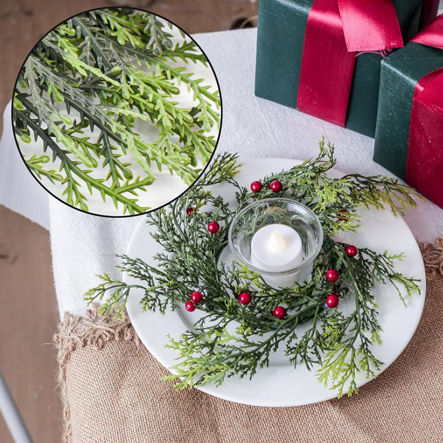 Skiennix Christmas Candle Rings - 4 PCS Artificial Berries & Pine Needles Wreaths for Home Decor