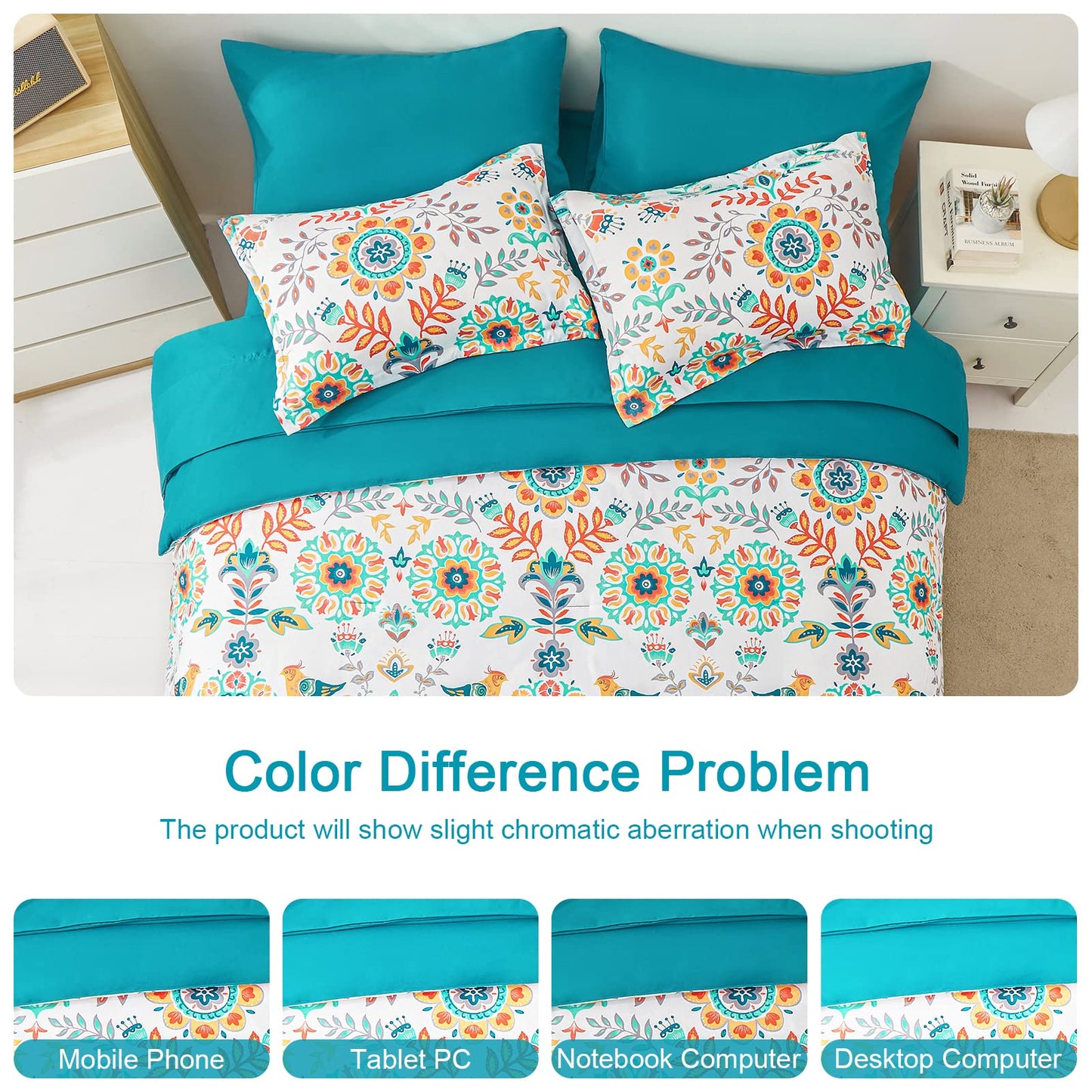 DHSFKBE Boho Comforter Set King - 7 Pieces Bed in a Bag Floral Medallions Design, Bohemian Comforter Set with Sheets, Soft Microfiber Complete Bedding Sets All Season (Teal Blue, King)