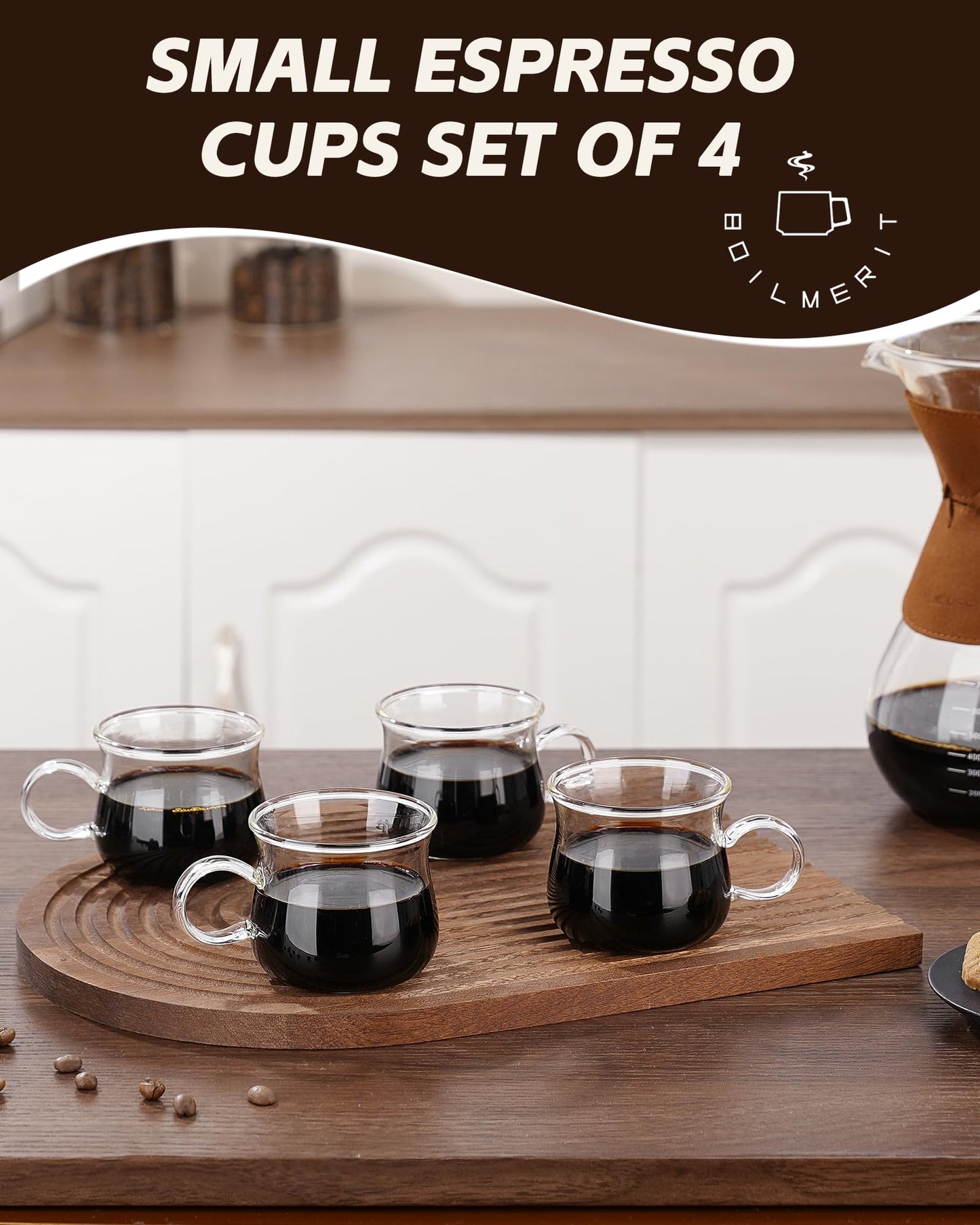 BOILMERIT Espresso Cups Set of 4, 5 Ounces Espresso Shot Glass, Clear Double Esperesso Glasses with Handle, Small Tazas De Cafe Espresso Machine Accessories