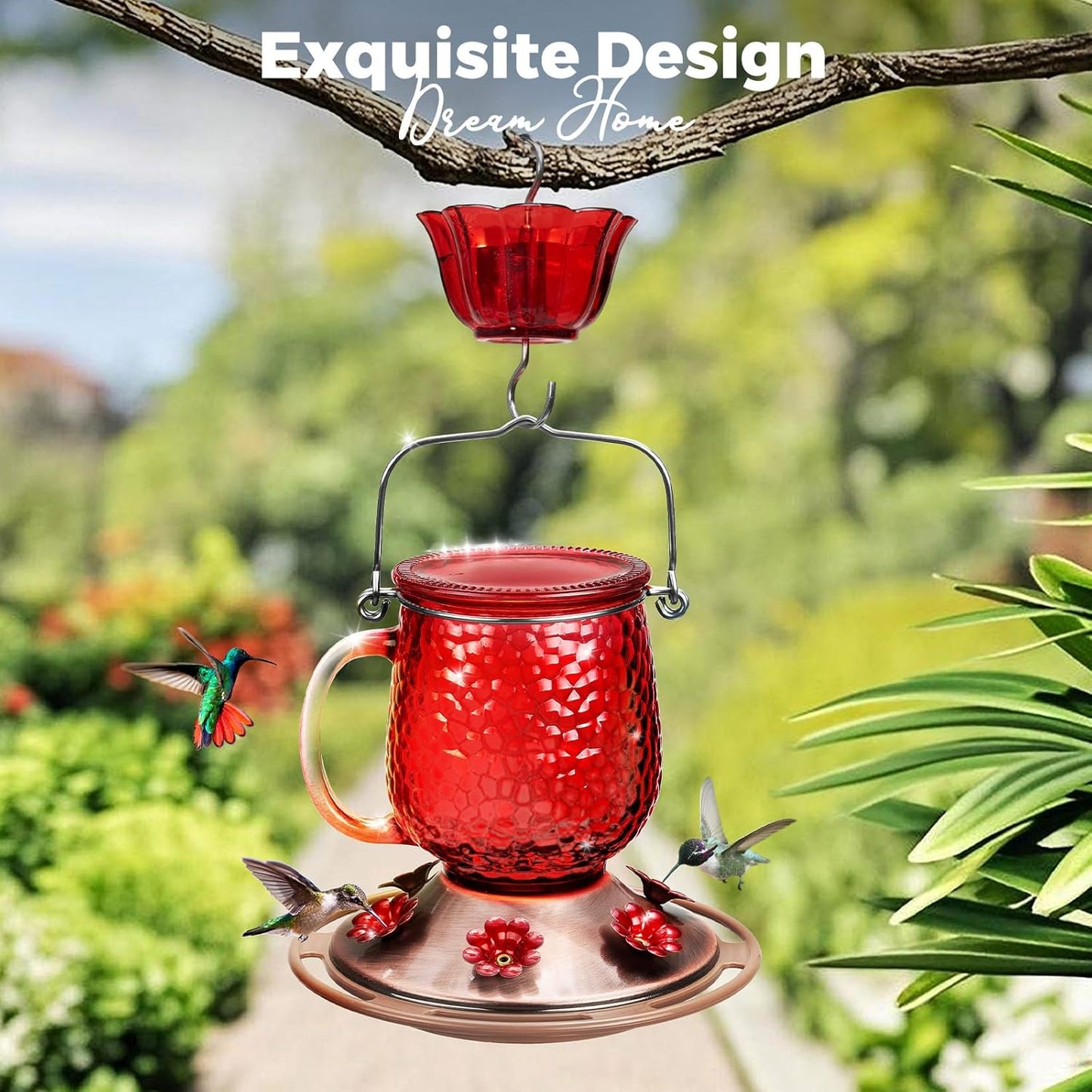 Kingsyard Hummingbird Feeder - 16 Oz Outdoor Glass Nectar Feeder with 6 Feeding Ports & Ant Moat | Red Garden Décor Gift