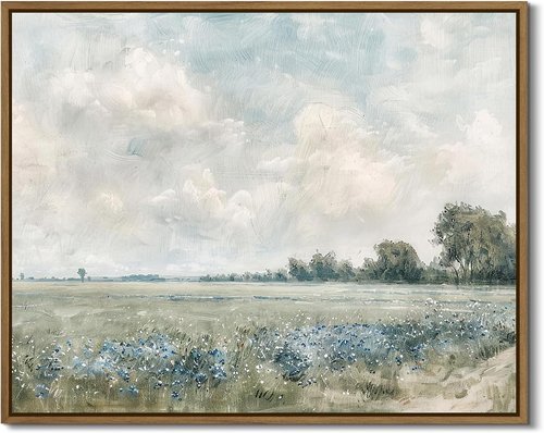 Framed Vintage Landscape Wall Art - Vast Grassland Field Canvas Print | Rustic Wildflower Oil Painting, 8"x10"
