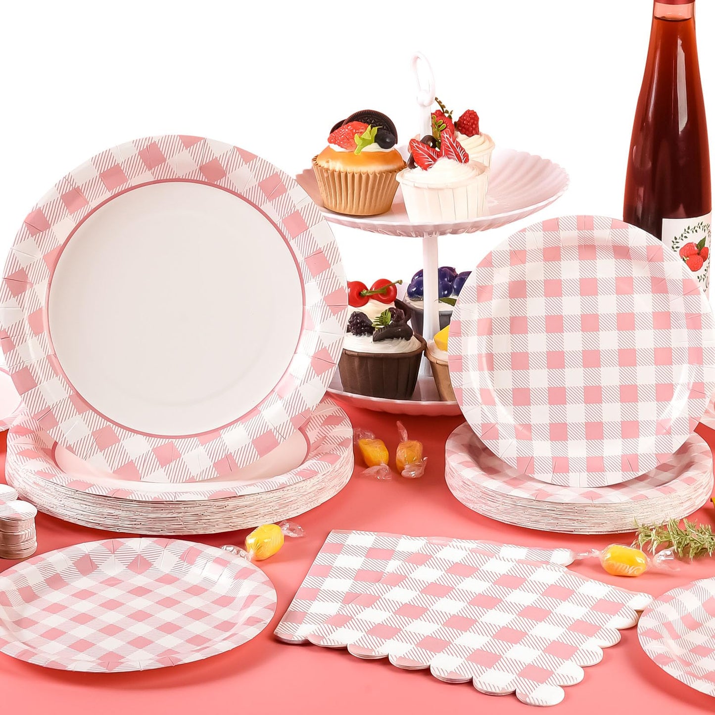 175Pcs Pink Gingham Party Supplies Pink Gingham Paper Plates and Napkins Cups Checkered Plates Disposable LightPink and White Plaid Party Decor for Birthday Family Fall Picnic BBQ,Serves 25 Guests