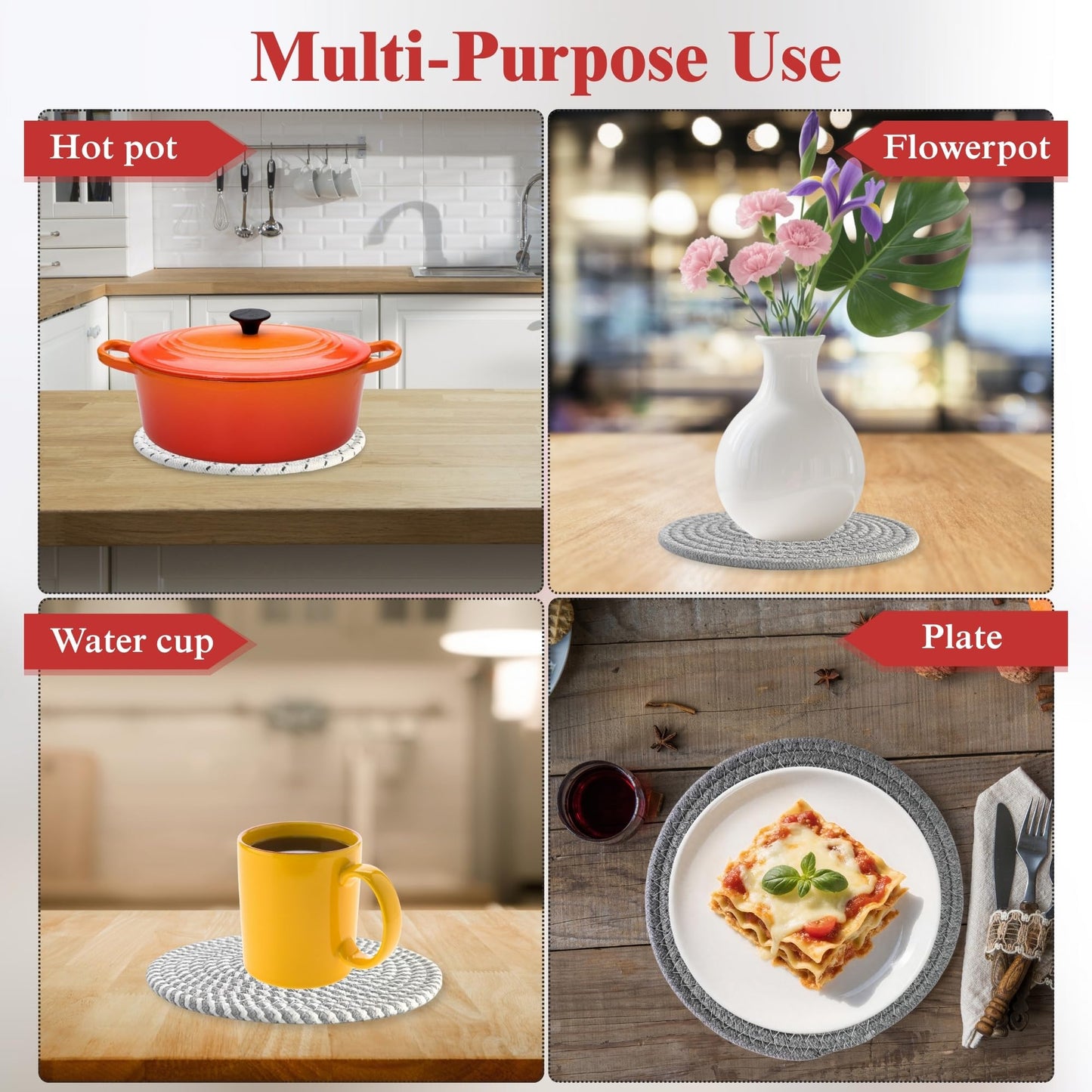 CATIFLIN 8 Inch Heat Resistant Trivets for Hot Dishes, 5-Pack Cotton Woven Pot Holders & Hot Pads Set – Kitchen Countertop & Table Protector, Home Essentials Decor