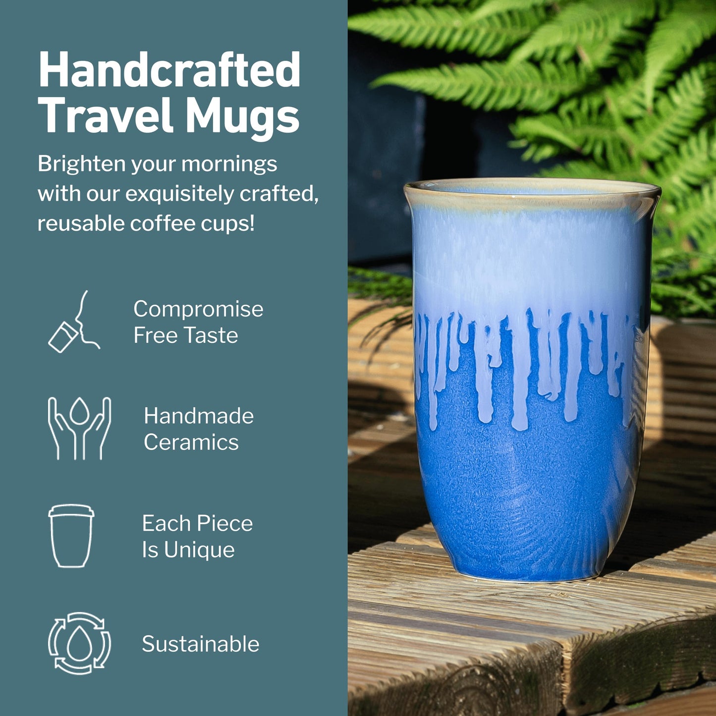 NOVA CERAMICS Ceramic Tumbler– Blue Ceramic Mug – Microwave & Dishwasher Safe Coffee White & Orange Tumbler - Leak-Proof Coffee Travel Mug – 16oz – Neptune