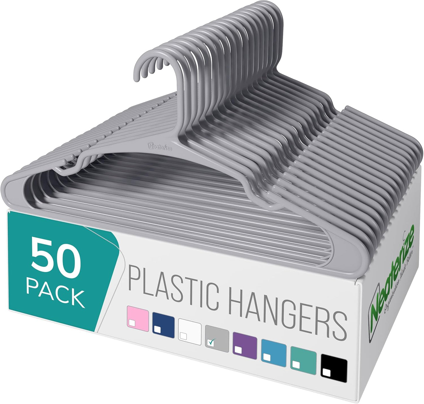 Neaterize Clothes Hangers - Space-Saving Plastic Hangers for Adults | 50-Pack in Grey