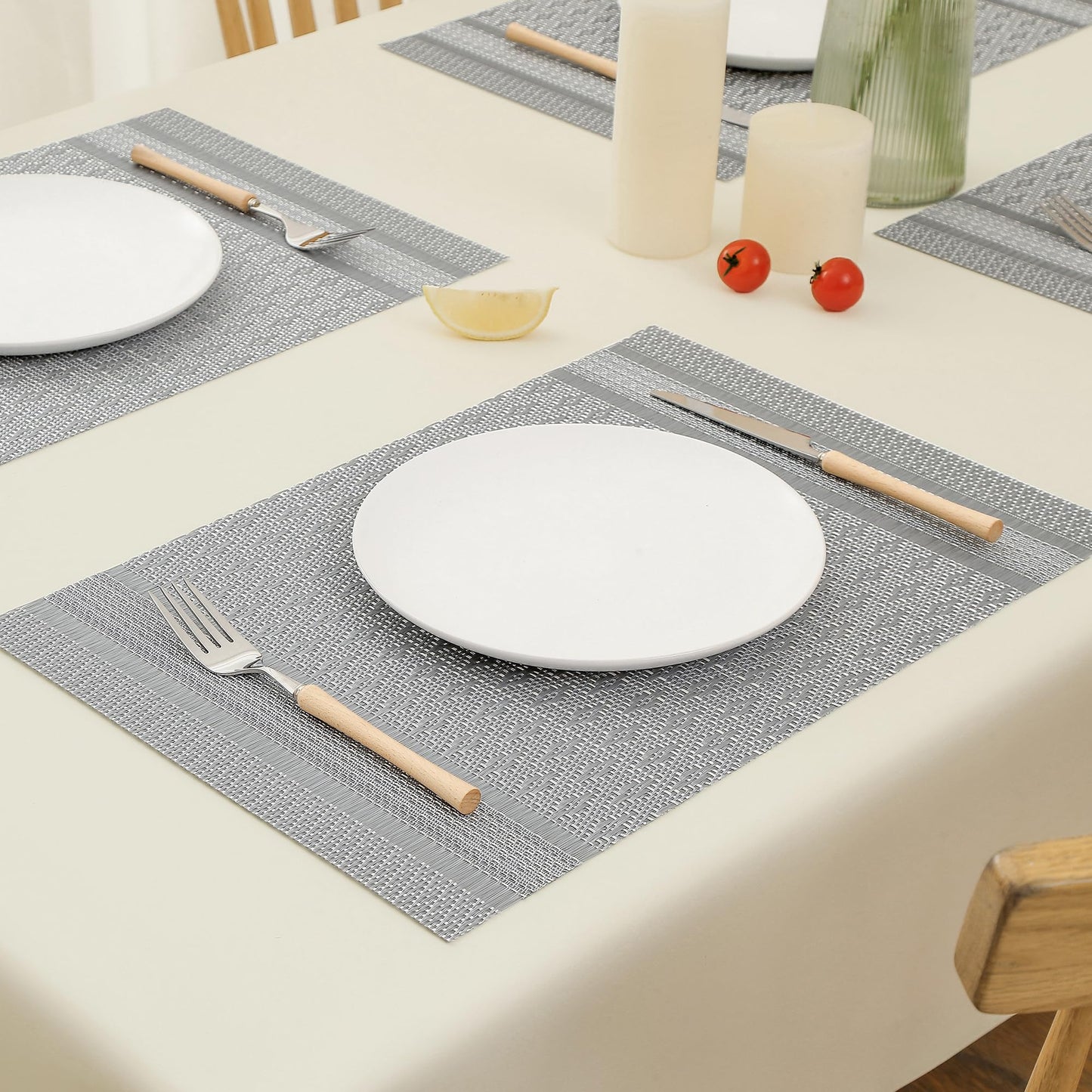 Leetaltree Lunar Grey Placemats Set of 4 - Heat Resistant Non-Slip Place mats for Dining Table, Washable Durable PVC Vinyl Woven Table Mats（Lunar Grey, 4）