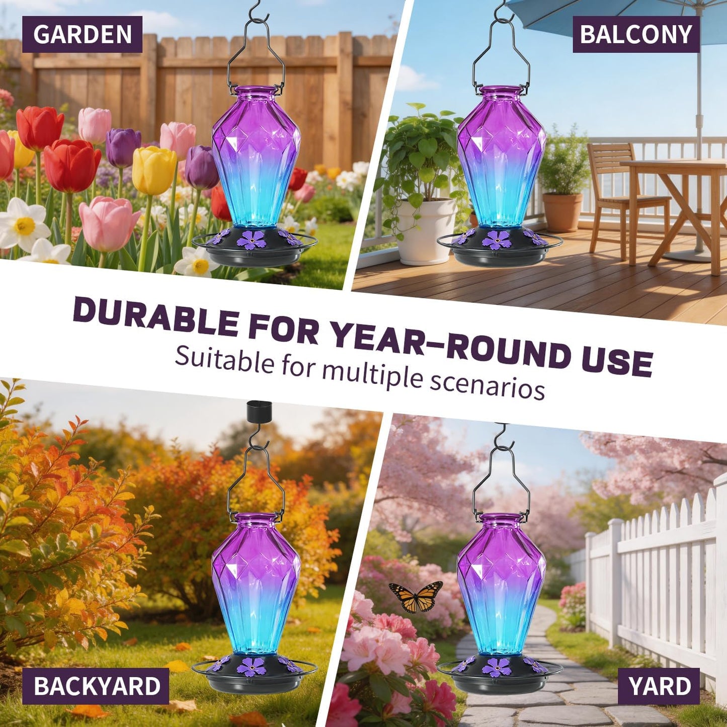 Skiennix Glass Hummingbird Feeder - 25Oz Leak-Proof Nectar Feeder with 5 Flower Ports | Diamond Purple