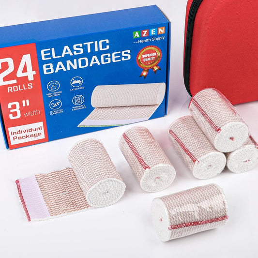 AZEN Premium 24 Pack Elastic Bandage Wrap 3 Inch, Compression Wrap Bandage for Legs, Lymphedema Wraps for Legs, Ankle, Knee, Tummy, Body